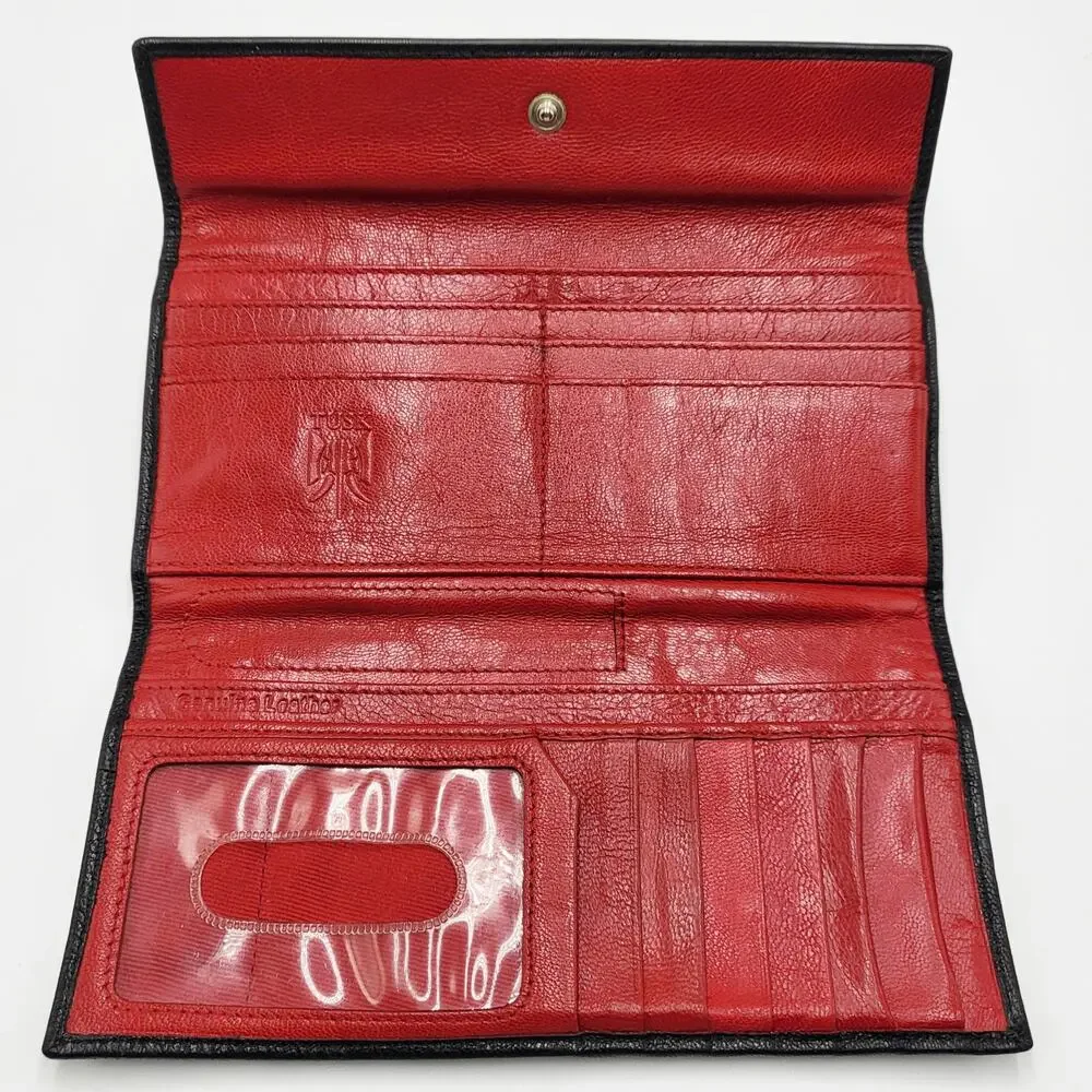Vintage Tusk Black Red Genuine Leather Slim Trifold Snap Button Wallet Classic